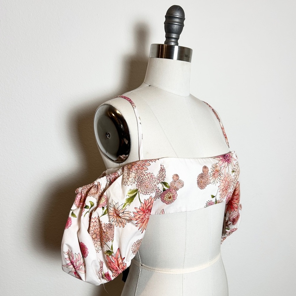 NWT Giambattista Valli Pink Floral Puff-Sleeve Cotton Poplin Crop Top Sz  M(012)